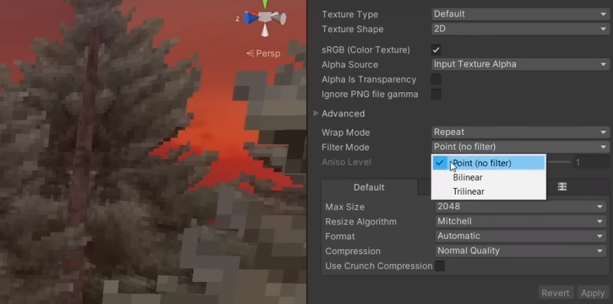 Unity bildeimportinnstillinger for et retroutseende.