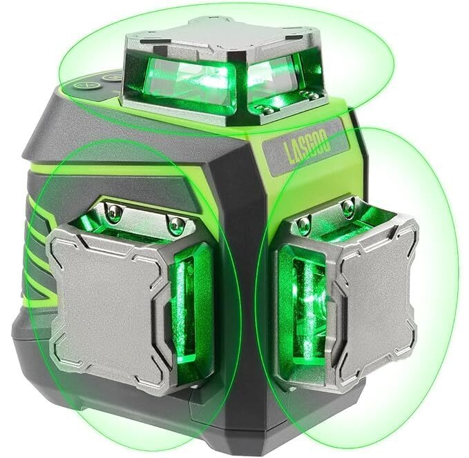 Lasernivå 3x360° selvnivellerende, 3D grønn krysslinjelaser for konstruksjon og bildeoppheng, oppladbart batteri, fjernkontroll, magnetisk roterende stativ inkludert - LG-3Dx
